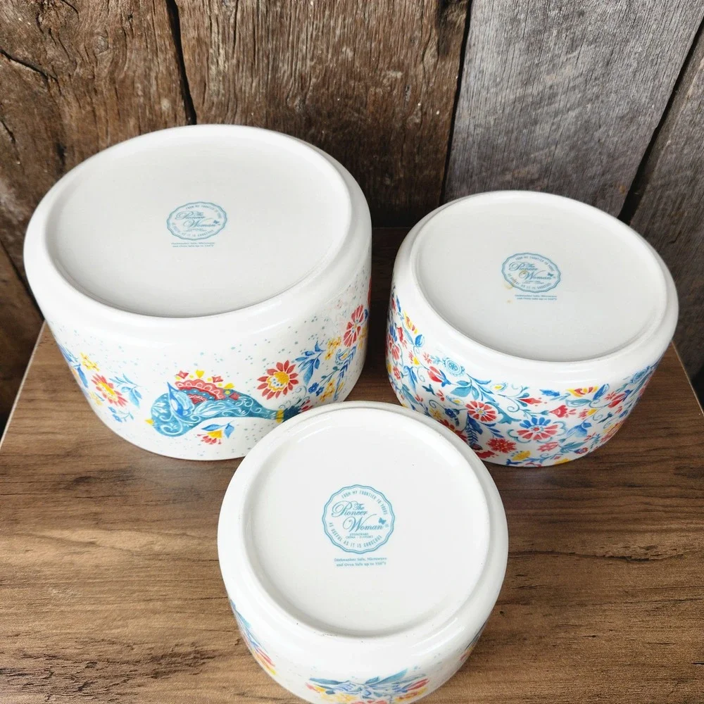 Pioneer Woman Stoneware Nesting Bowls Set of 3 Floral Bird Multi Color Farmhouse